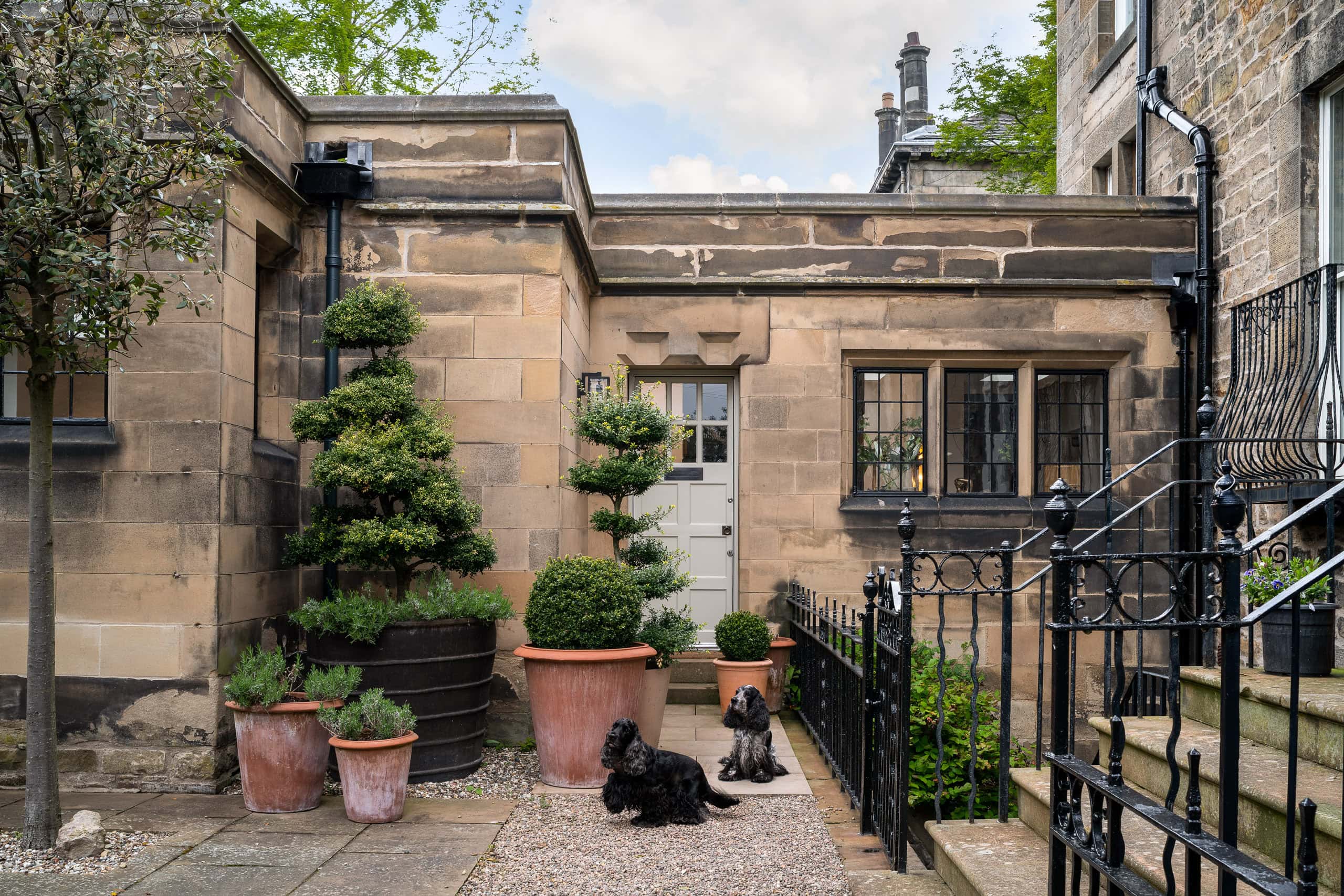 A lush potted garden with topiary trees and dogs sitting on a stone patio in front of a historic sto.