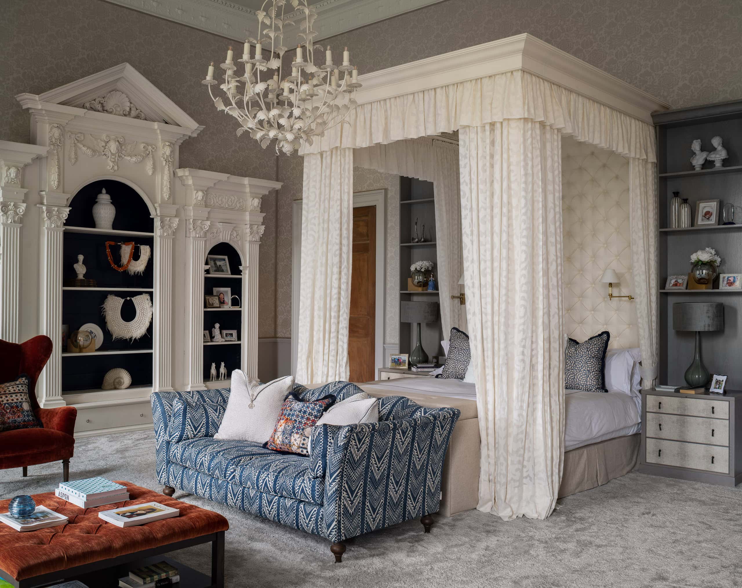 Luxury bedroom with elegant canopy bed, classic decor, and sophisticated furnishings for a stylish,.