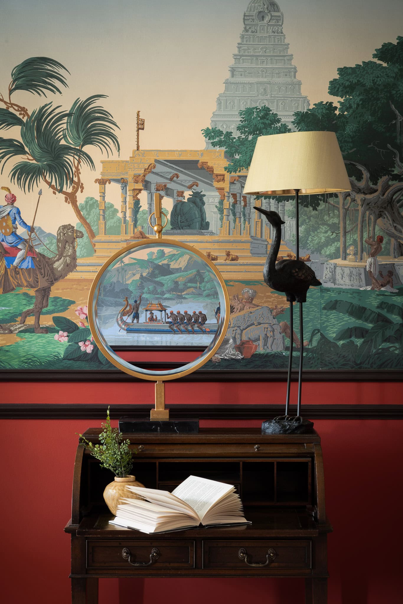 Traditional Asian temple scene with decorative artifacts and artwork.