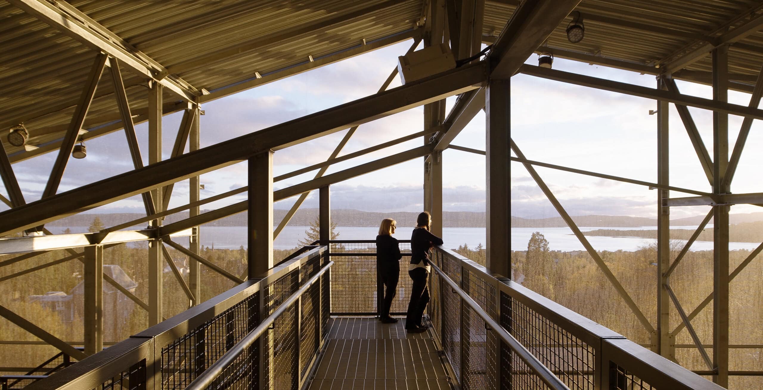 Interior view from the upper level of Hill House by Carmody Groarke featuring exposed steel structural framing, elevated walkways, and panoramic landscape views.