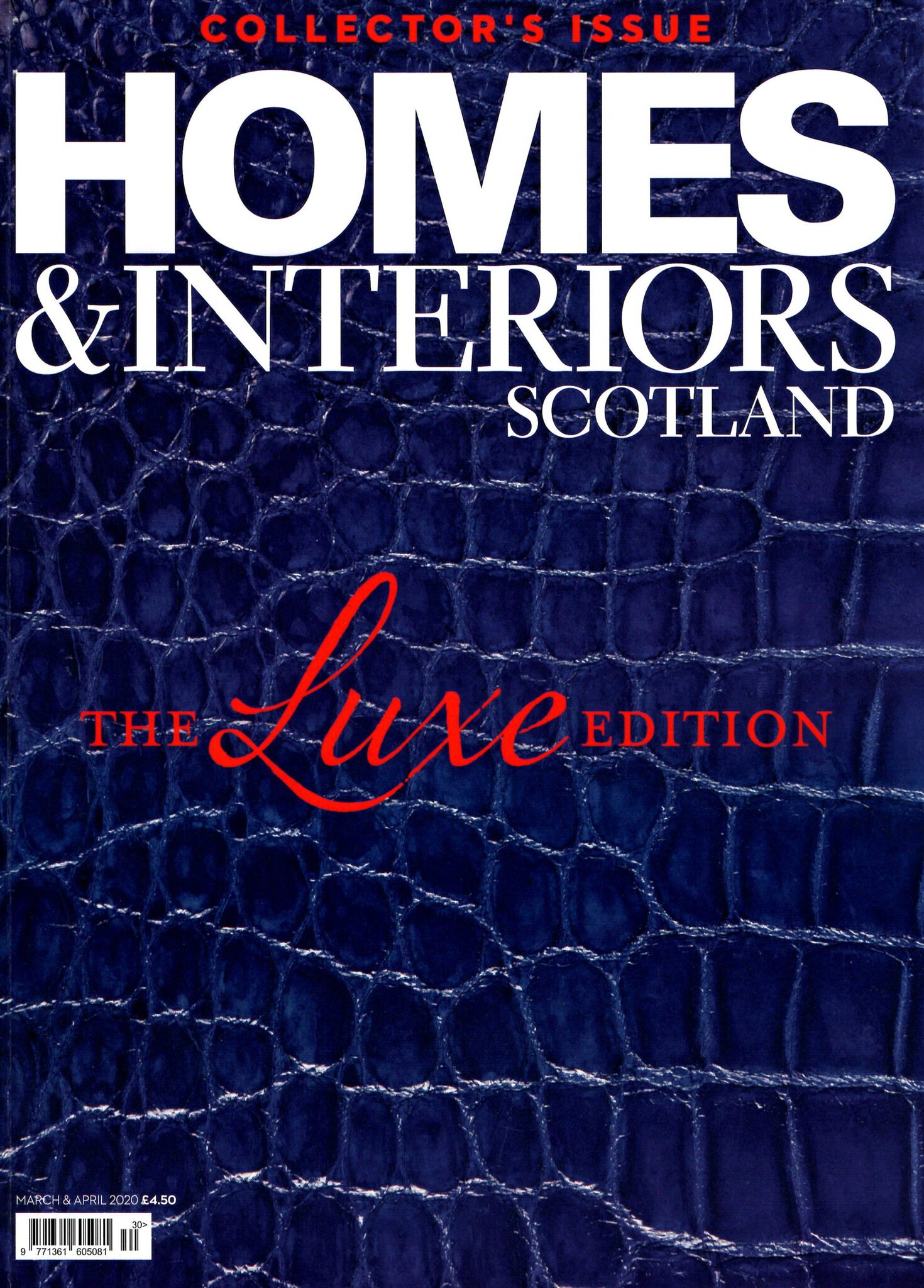 Cover of Homes & Interiors Scotland magazine featuring luxurious blue crocodile leather.