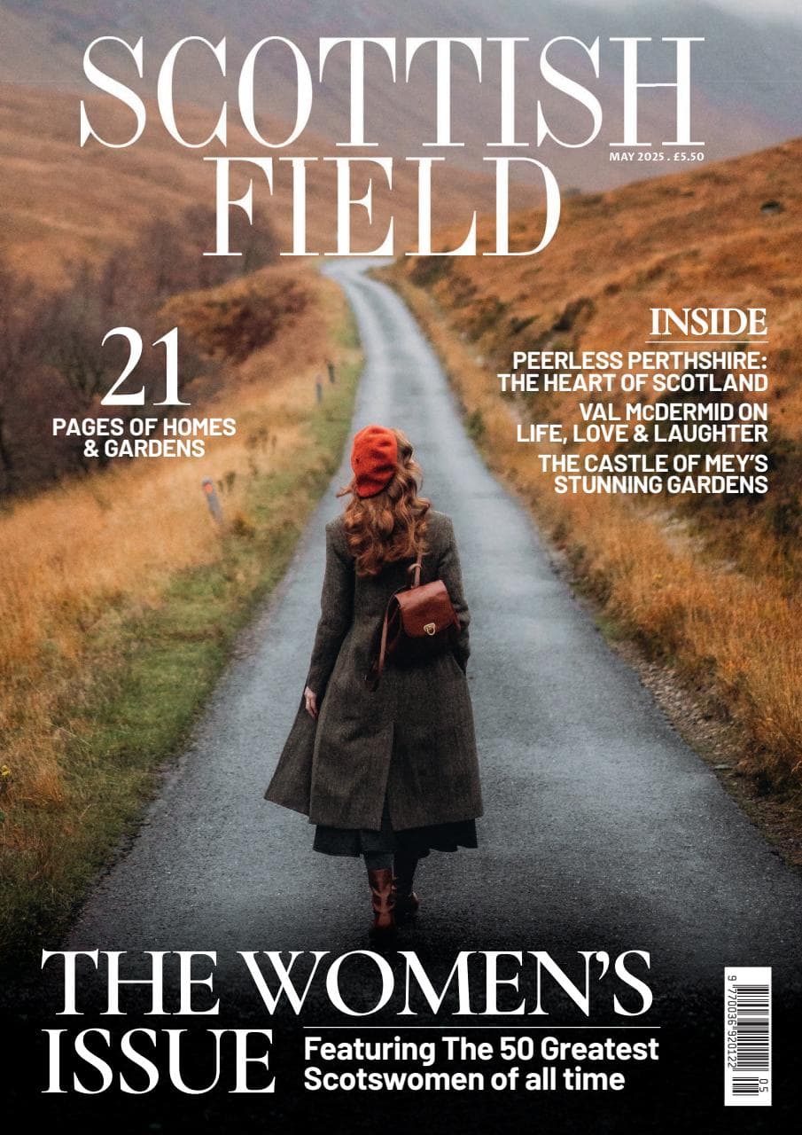 Scenic Scottish countryside with a woman walking on a rural road in autumn.